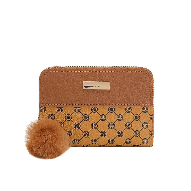 Women's short printing colour contrast Korean style PU leather wallet with coin pocket in black
