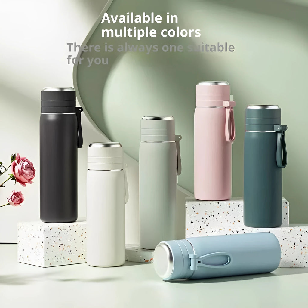 316 stainless steel insulated thermos cup with tea and water separation, in army green, 500ml capacity, on a white background