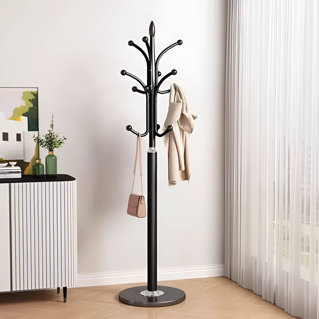 Floor-standing iron coat rack in black, vertical hanger for bedroom or hallway