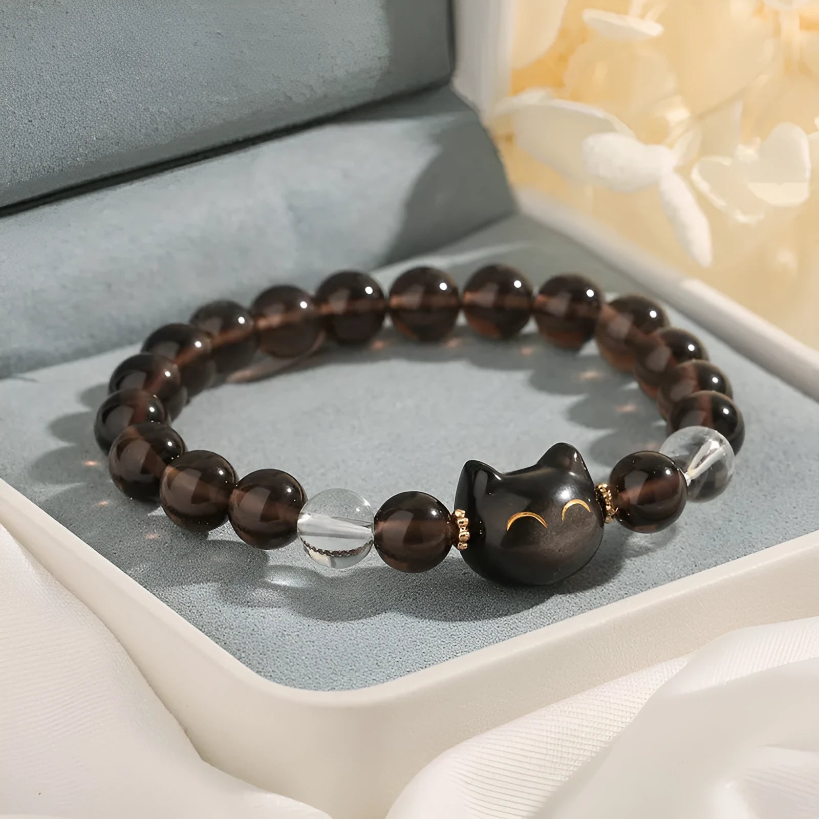 Women's silver stone cat head bracelet with 8mm ice stone beads and adjustable design