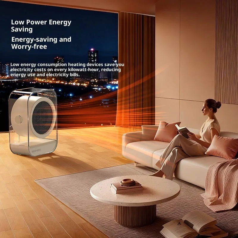 Beige desktop heater with 500W heating wire, two fan speeds, and automatic power-off, 196x266mm