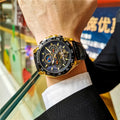 Men's automatic mechanical watch showing multifunction dial on a 12mm thick case in a silver and black colour variant.