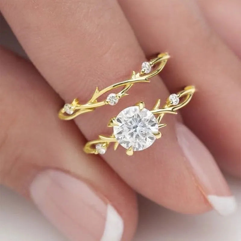Rose gold couple rings with simulated diamond, geometric copper band, sizes No 6 to No 10, on white background.