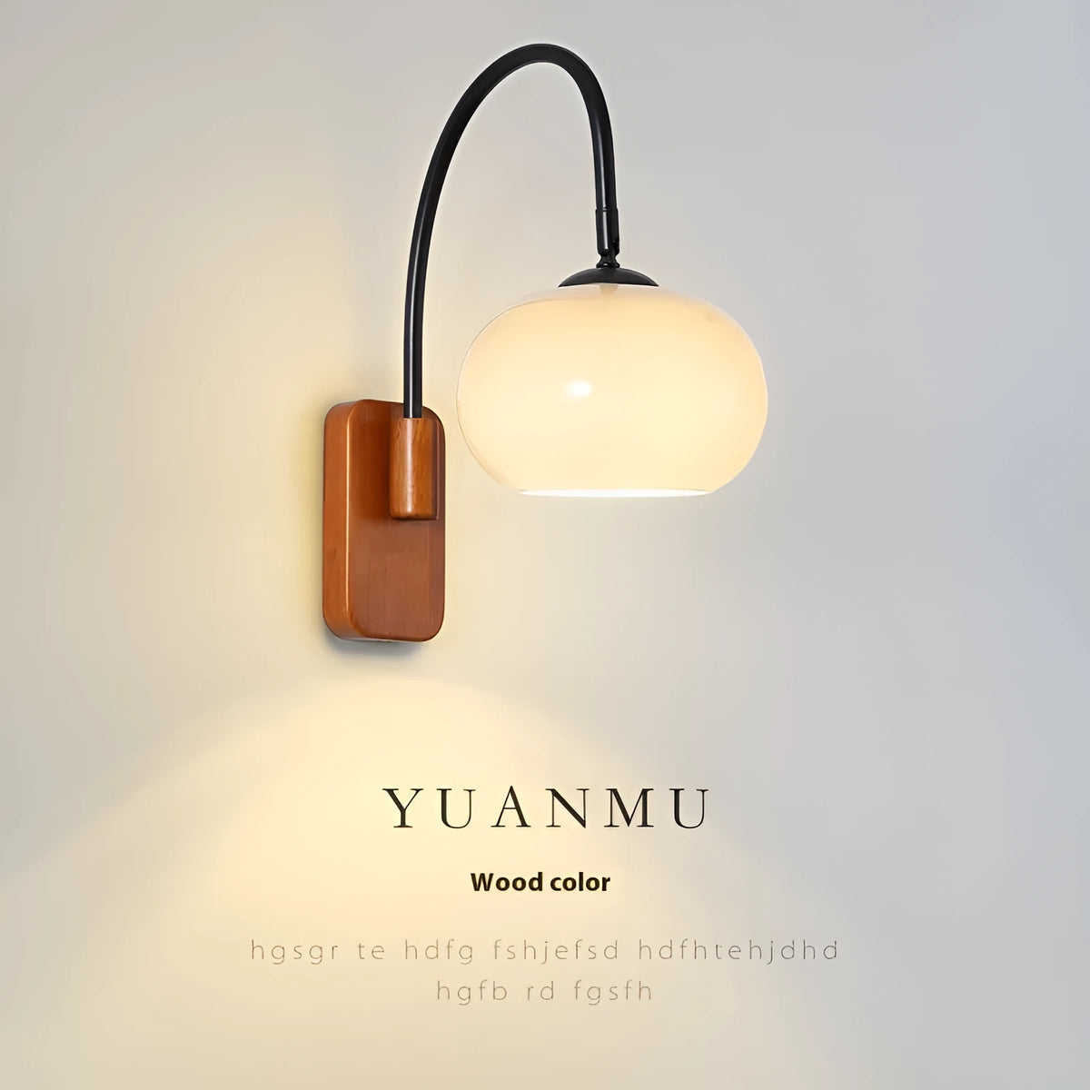 Retro wall LED lamp with 32cm milky white glass shade and iron body, walnut or log colour