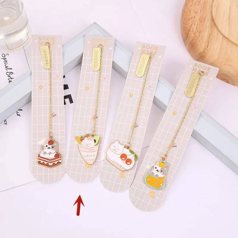 Cat metal pendant bookmark with creative cartoon designs including Strawberry Cake Cat and Cherry Sleeping Cat