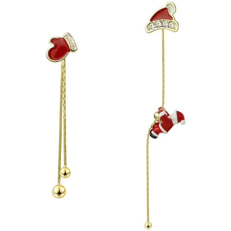 Asymmetric crawling Santa Christmas earrings for women in zinc alloy with inlaid diamond detail