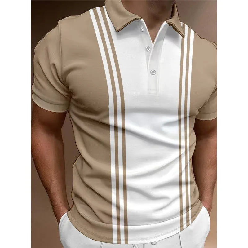Men's casual T-shirt with 3-button lapel printing in loose pullover style and short sleeves