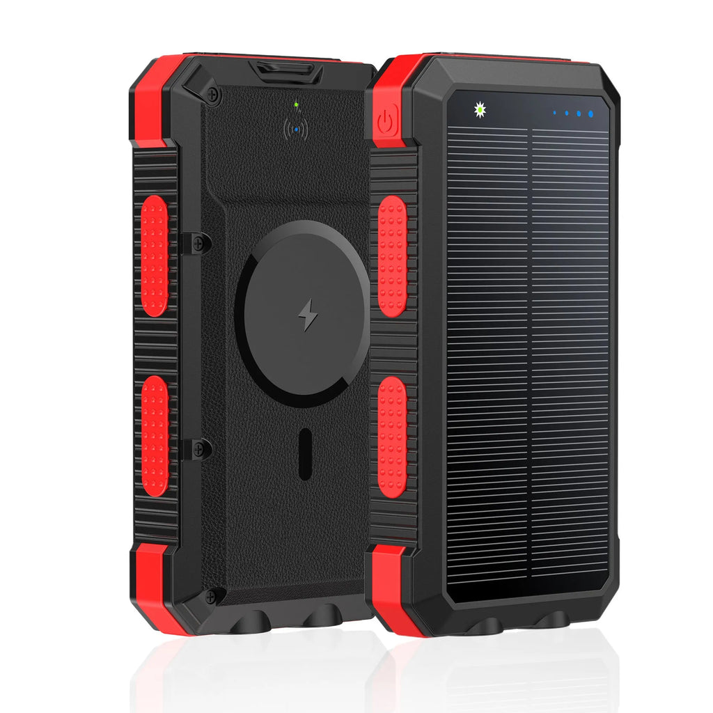 Solar magnetic wireless charger power bank 20000mAh with outdoor lighting in black, blue, green, orange, red options