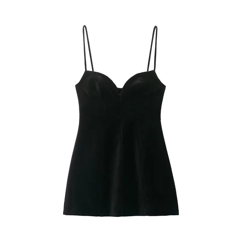 Women's flared hem thin strap short dress in black with stripe and grid pattern, hooded neckline, front view on model