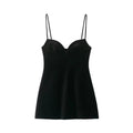 Women's flared hem thin strap short dress in black with stripe and grid pattern, hooded neckline, front view on model