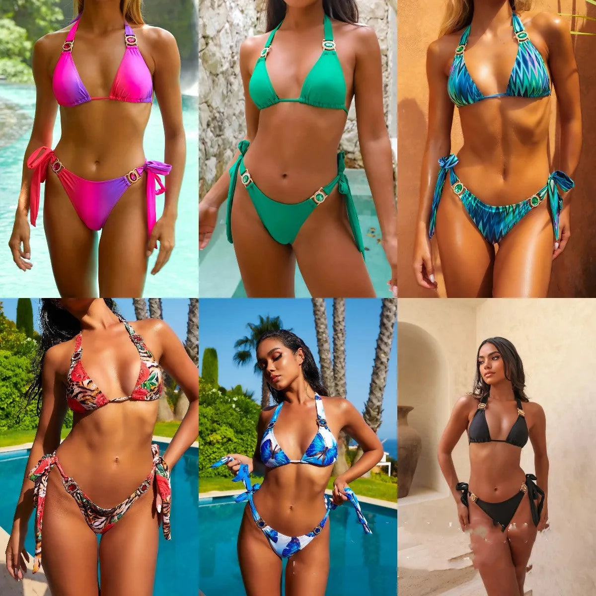 Women's lace-up halter swimsuit in multiple colour options including dark green, rose red, and printed patterns