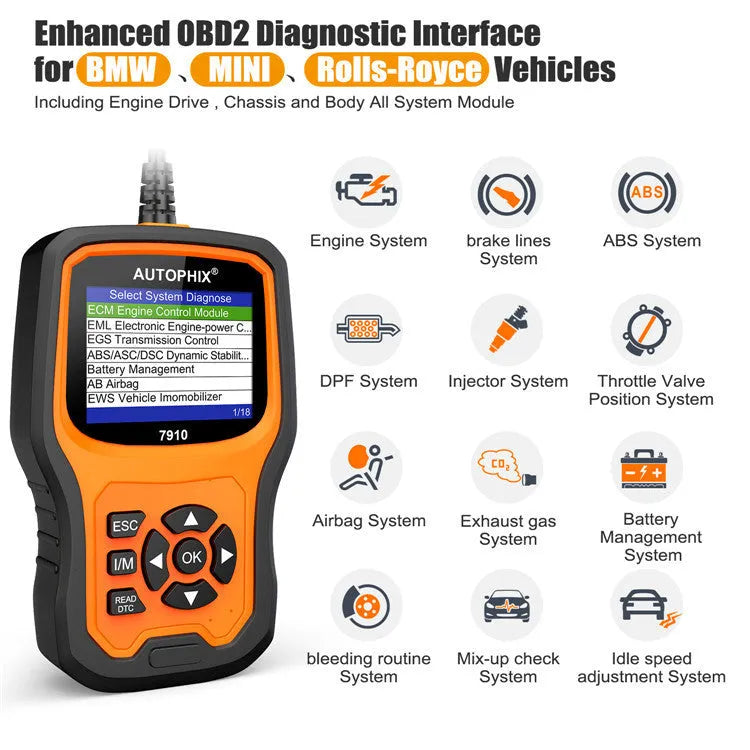 Autophix 7910 BMW diagnostic scanner with display screen and OBD2 connection cable