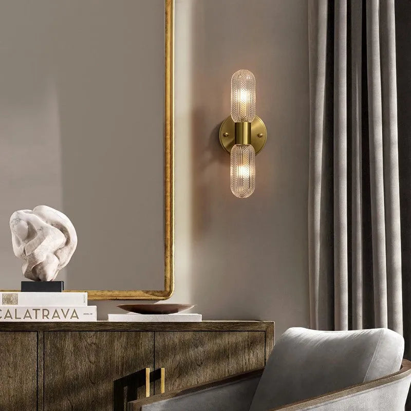 Nordic style dual-head copper wall lamp mounted on white wall showing simple post-modern design
