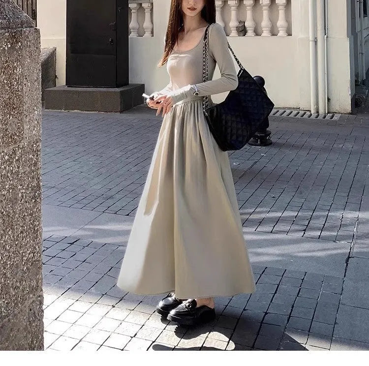 Women's black knitted square collar dress with long sleeves and an elastic waist A-line skirt