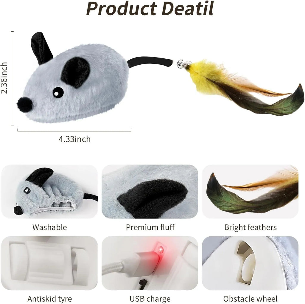 Interactive plush cat mouse toy with feather tail and LED lights for indoor feline enrichment