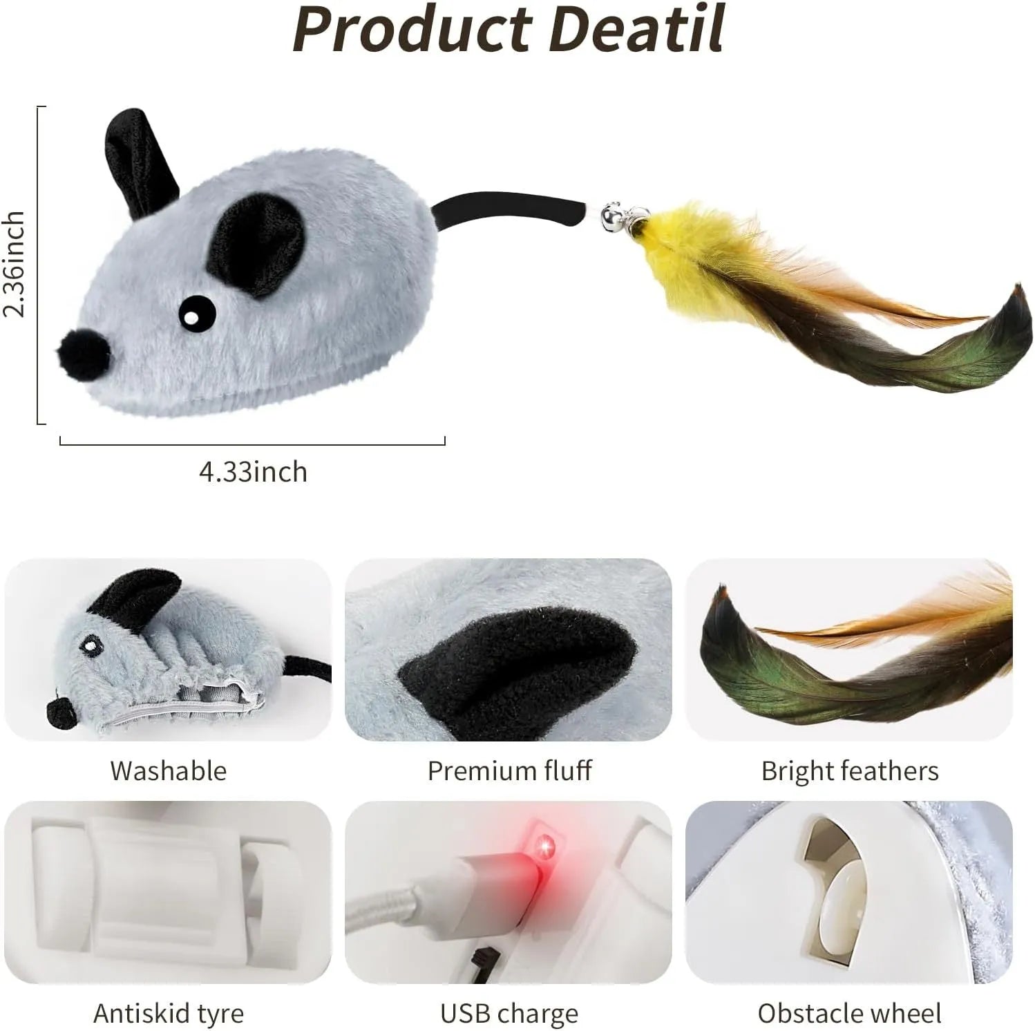 Interactive plush cat mouse toy with feather tail and LED lights for indoor feline enrichment