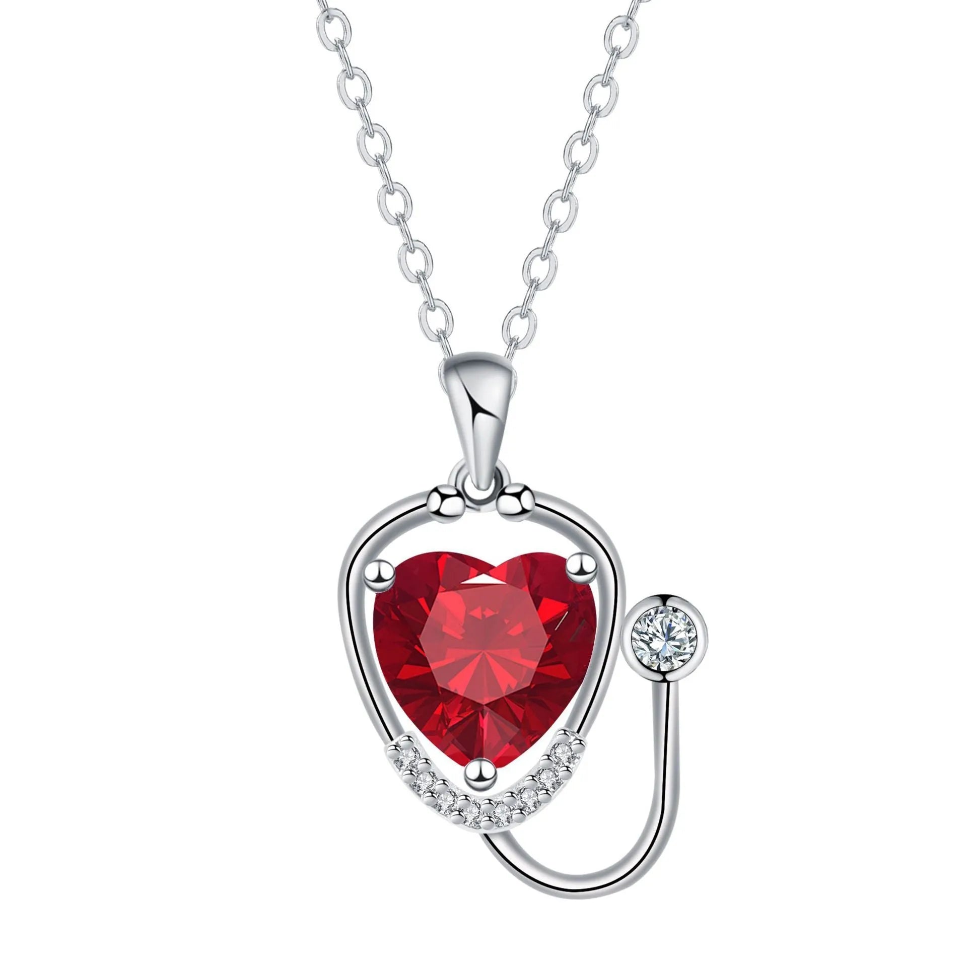 Red diamond women's necklace with stethoscope, wing, and cross pendant design on a copper chain.