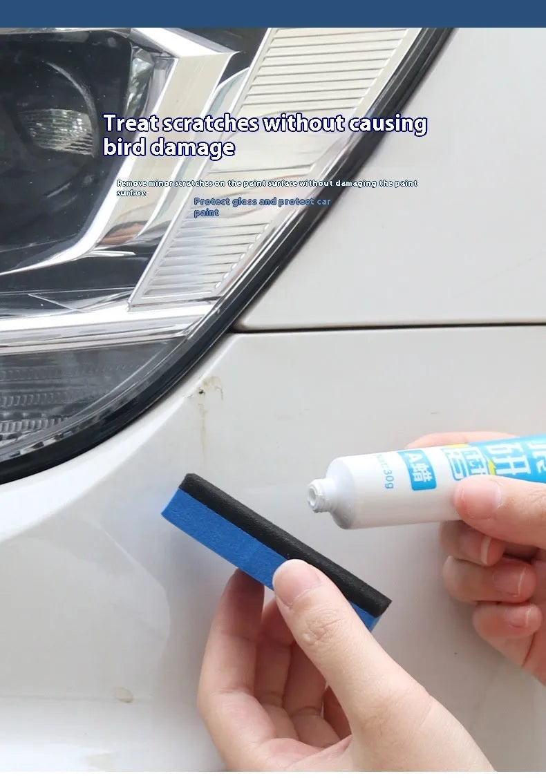 Car repair wax kit showing tubes of Grinding A Wax and Brightening B Wax next to a frosted sponge mop on a car bonnet.