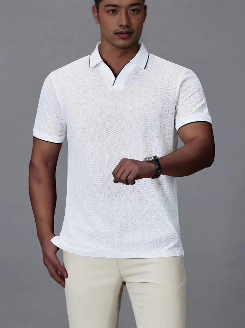 Men's thin nylon polo shirt in white colour with short sleeves and loose casual fit