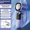 Handheld electric fan with folding design in blue colour showing USB charging port and speed adjustment buttons