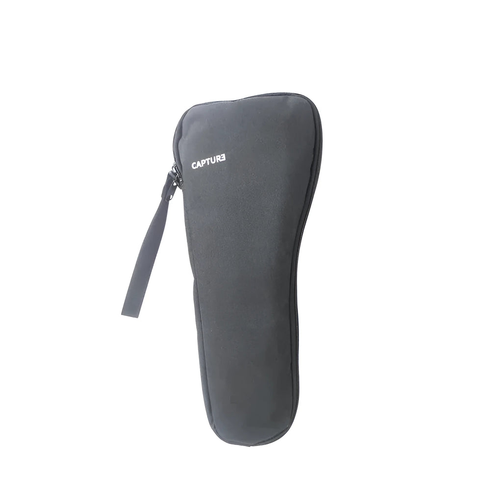 Black water-resistant cloth storage bag for a mobile phone gimbal, shown open to reveal padded interior and organisation compartments.
