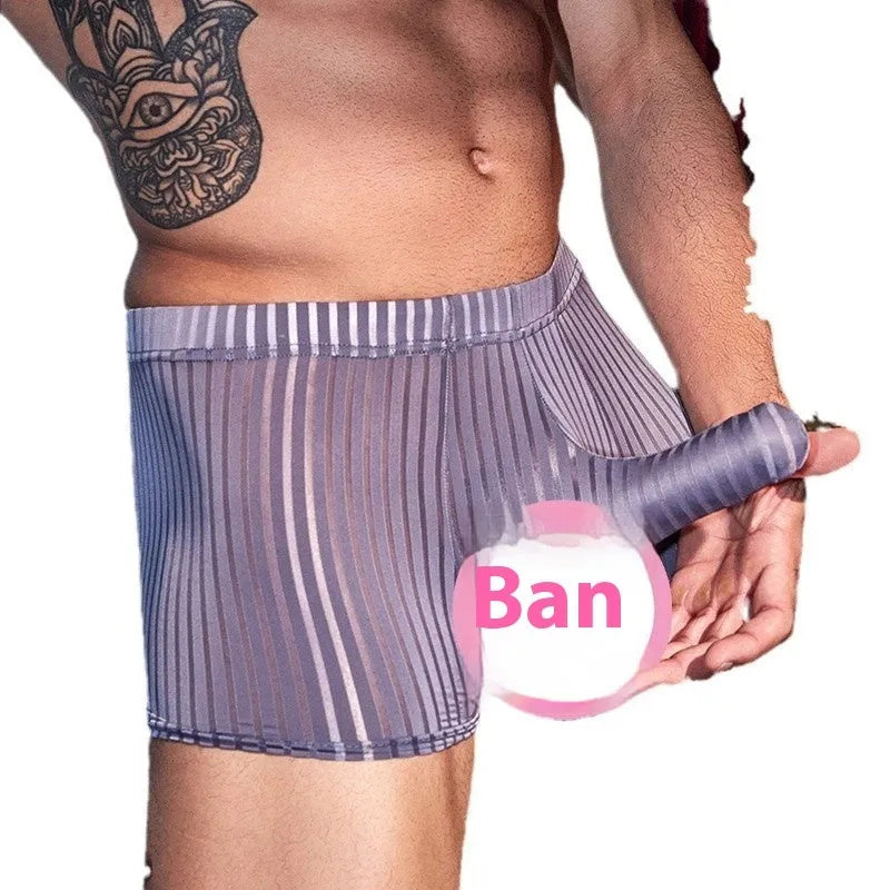 Men's black striped nylon boxer briefs laid flat, showing high elastic material and vertical stripe pattern.