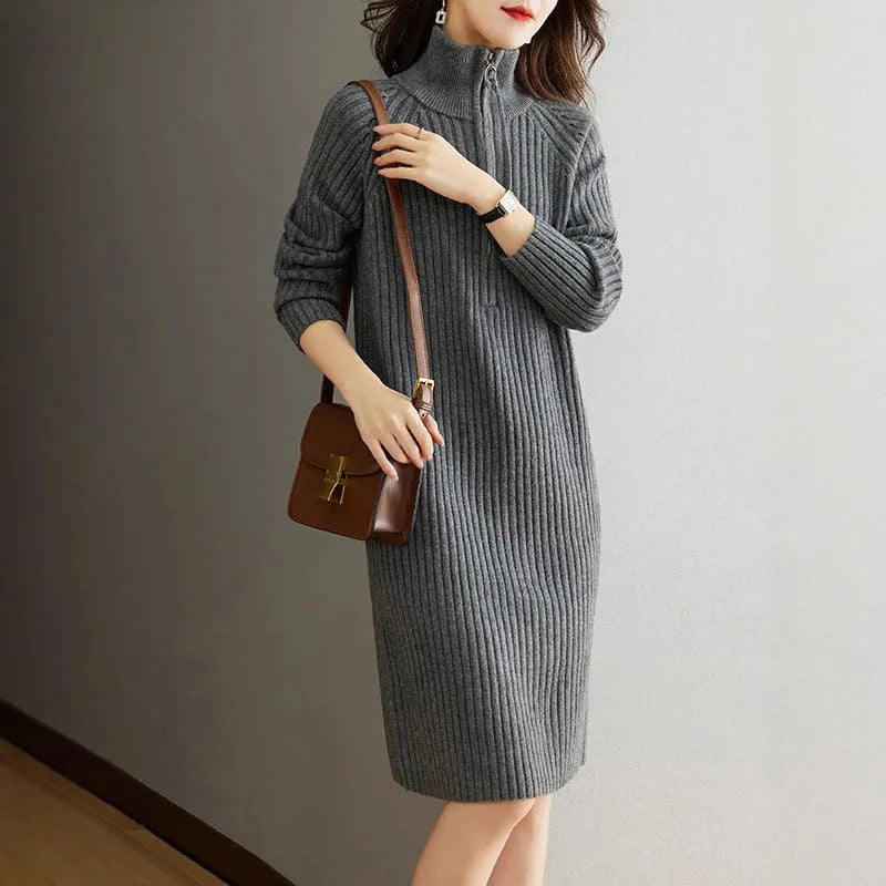 Beige woolen straight dress skirt with half zipper and stand collar, Japanese Korean casual style