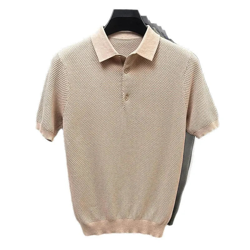 Men's loose grey short sleeve cotton sweater on a hanger