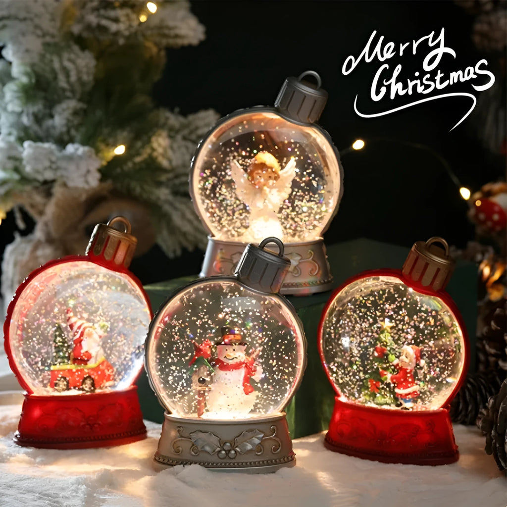 Christmas LED flame light decoration showing four character options: old man, snowman, child tree, and angel designs