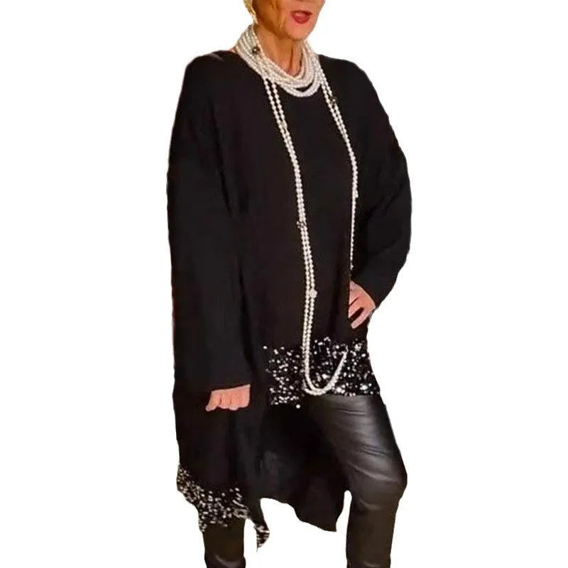 Loose irregular hem sequin stitching long sleeve top in black, front view, street hipster style, polyester fabric
