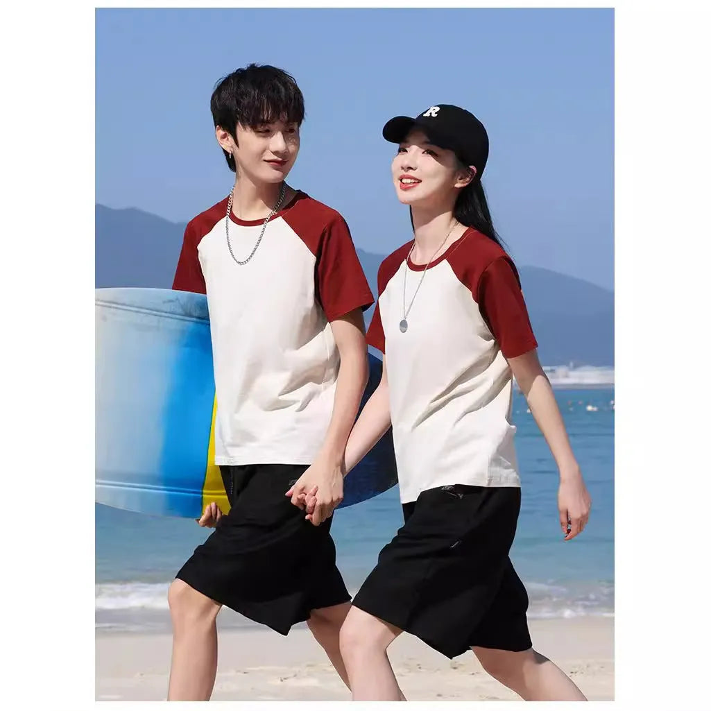 Round neck cotton blend T-shirt in loose pullover style for work printing, shown in a colour option