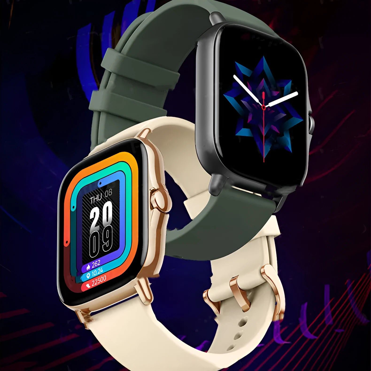 GT20 Smart Watch with black silicone strap and 1.75-inch touchscreen displaying health metrics.