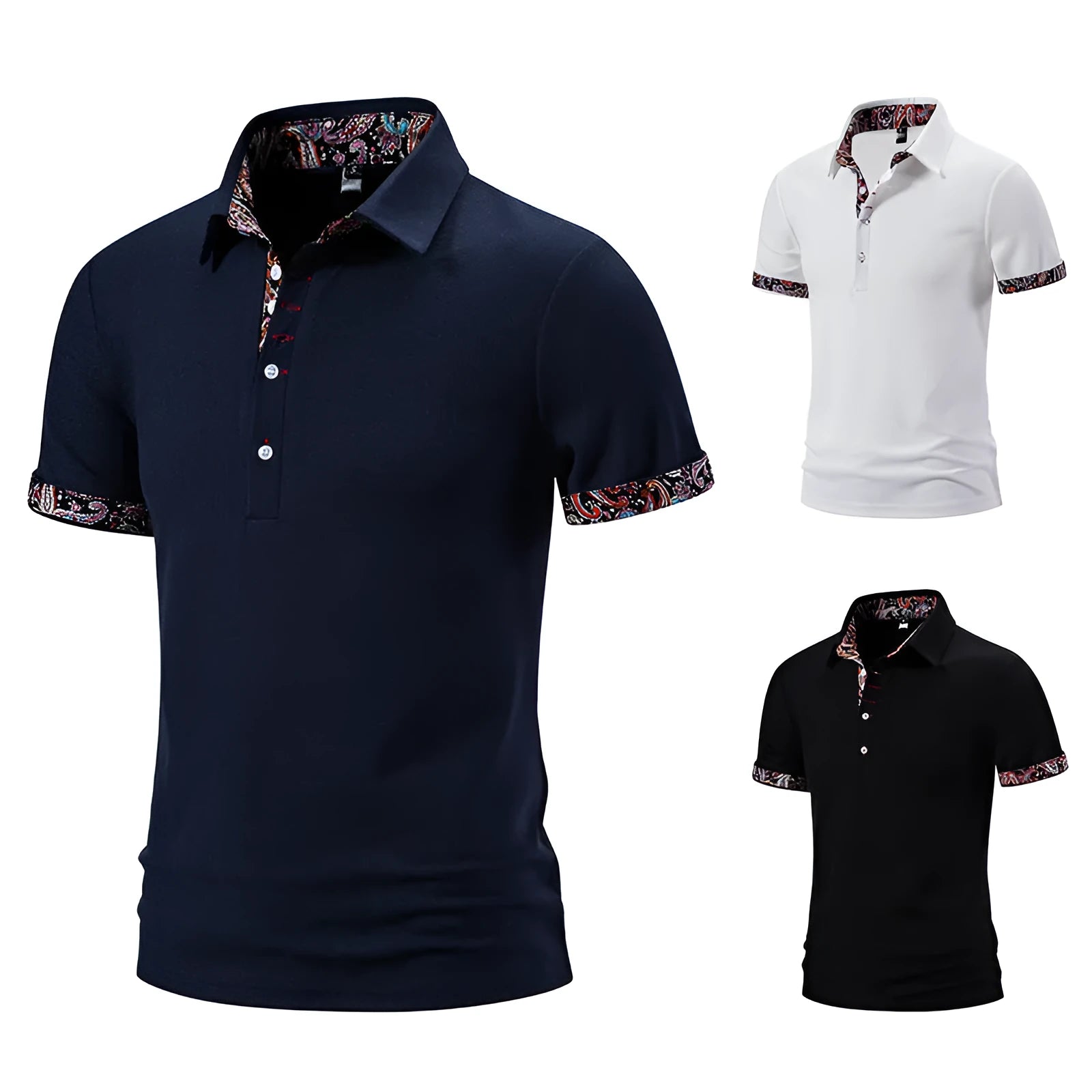 Men's navy blue polo shirt with a white-stitch detail on the turnover collar, short sleeves.