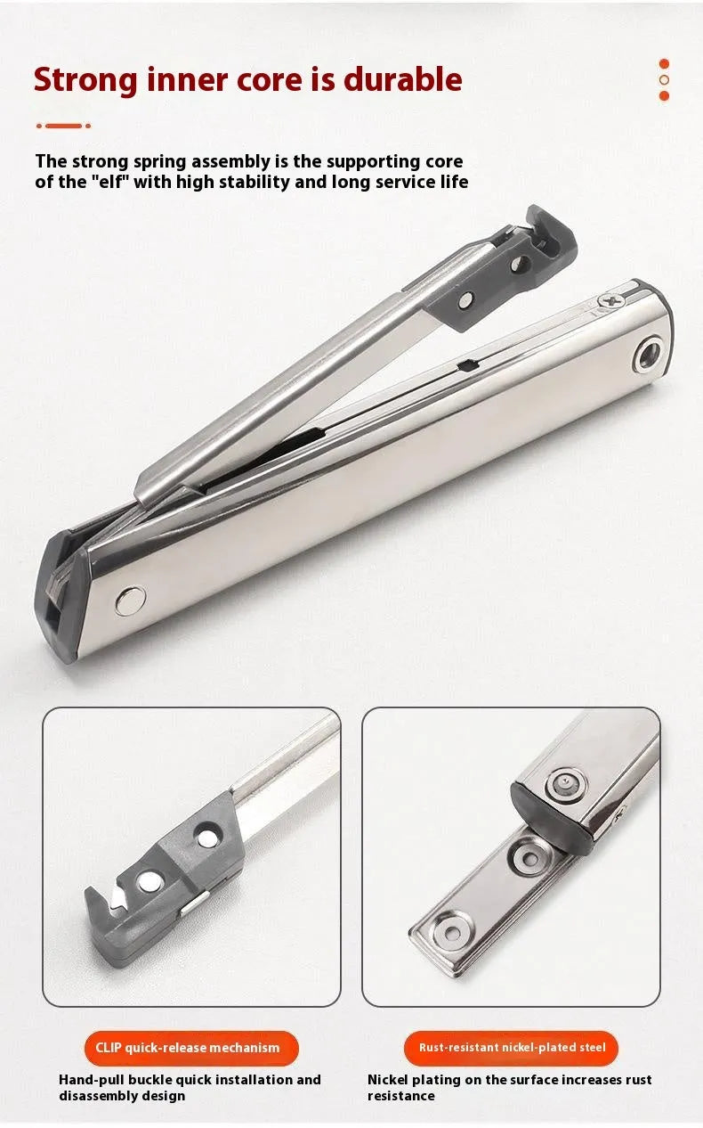 Cold rolled steel cabinet support rod with flap-up door mechanism and casual stop function.