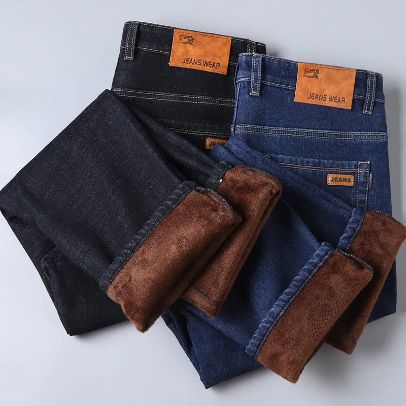 Men's thickened plush cotton jeans in black with straight tube leg and medium waist