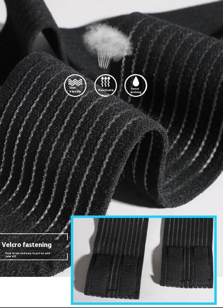 Black adjustable sports ankle support bandage wrapped around a joint