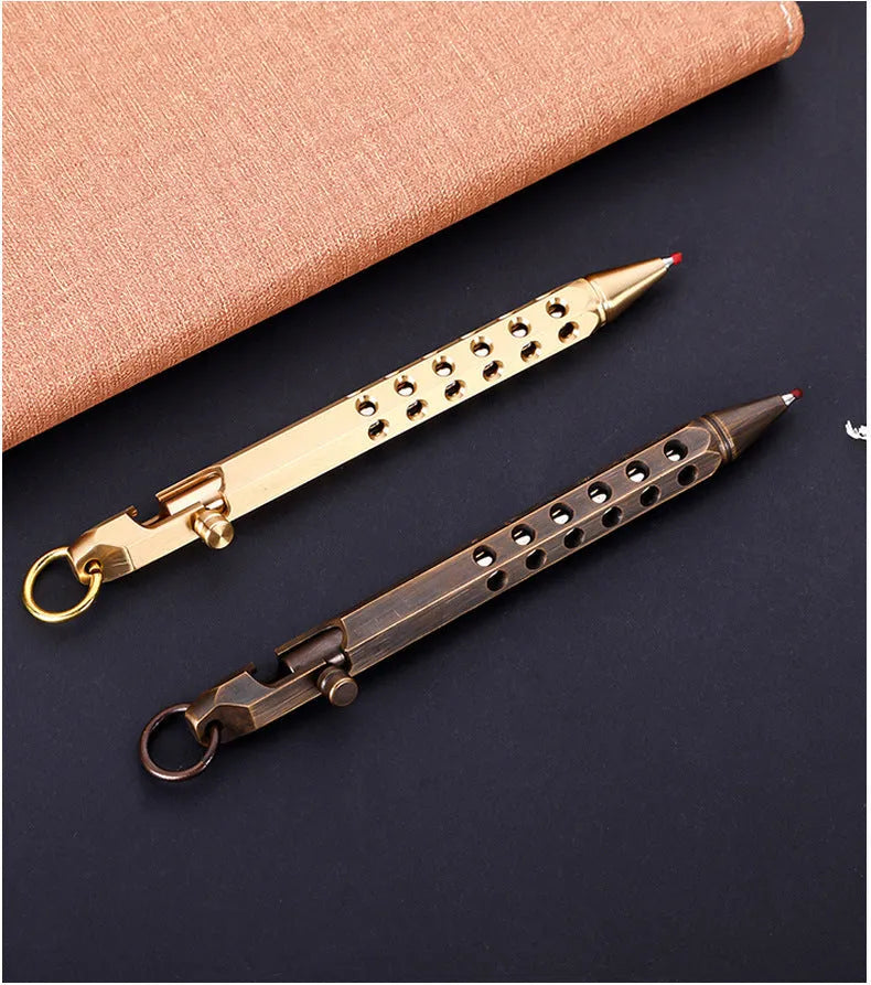Retro brass hexagon bolt action pen with rollerball refill showing hexagonal barrel detail