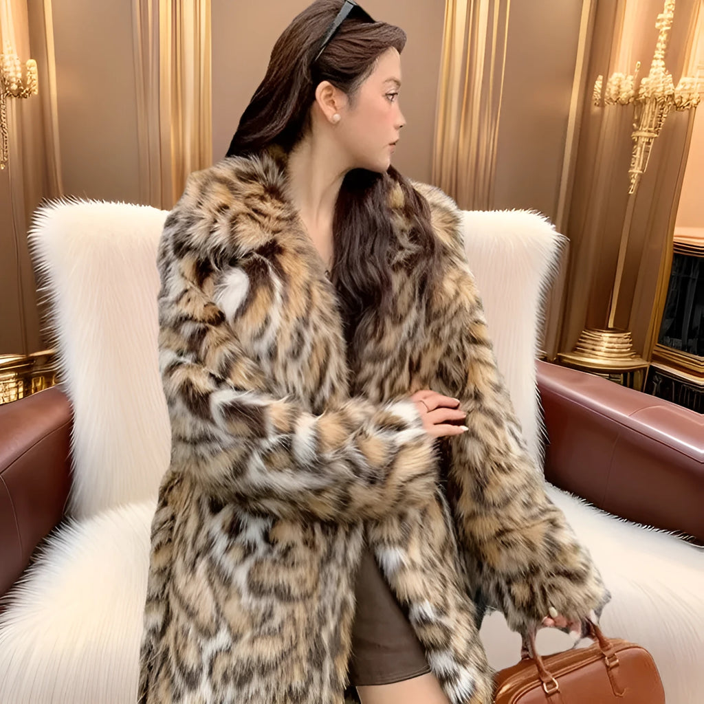 Women's faux fur coat with fur collar in street fashion style showing long and mid-length options
