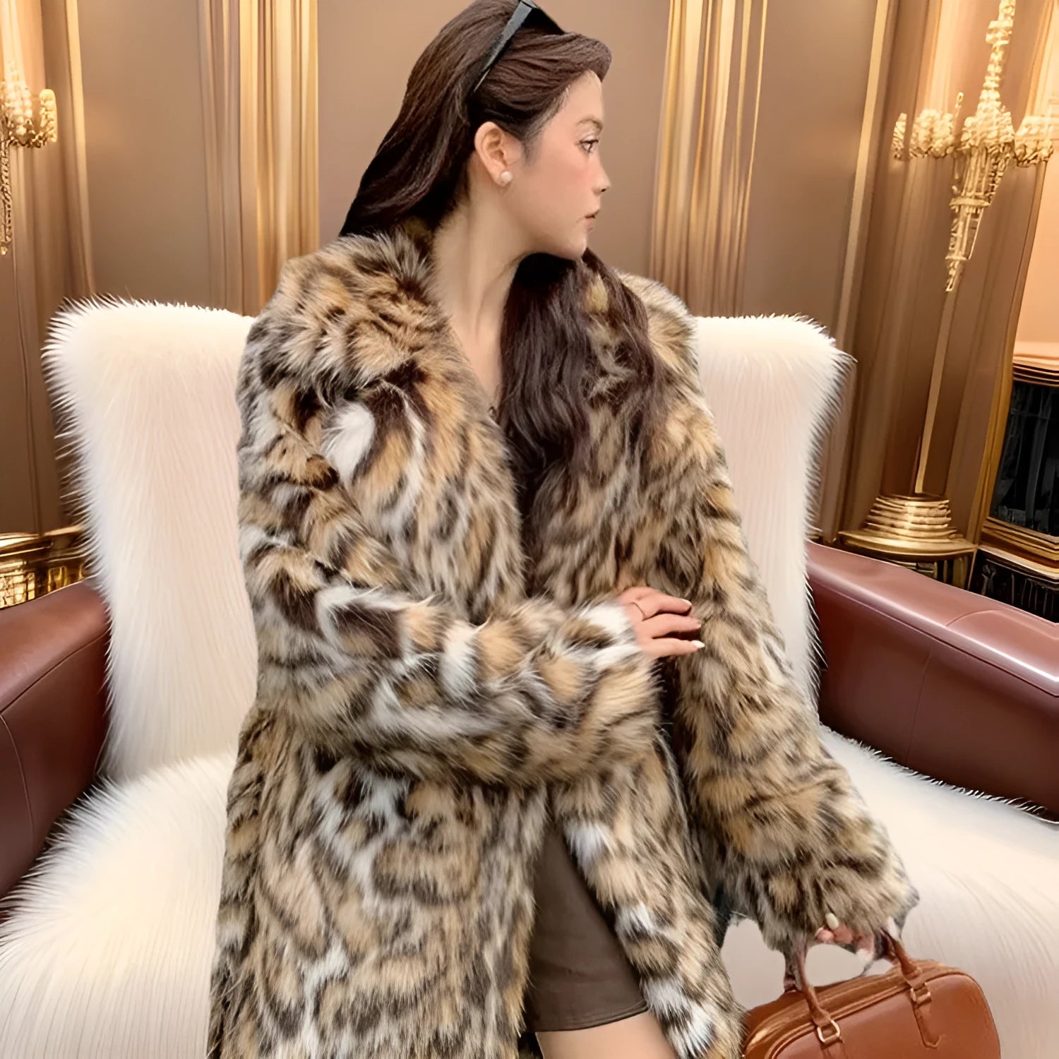 Women's faux fur coat with fur collar in street fashion style showing long and mid-length options