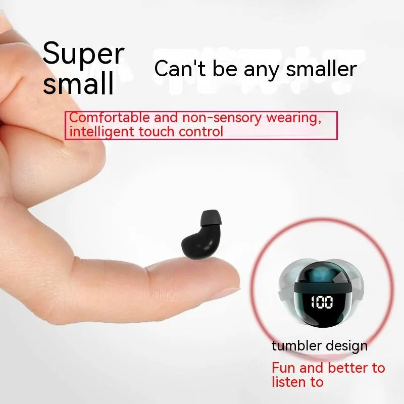 Sports TWS in-ear Bluetooth headset in black with digital display showing battery level