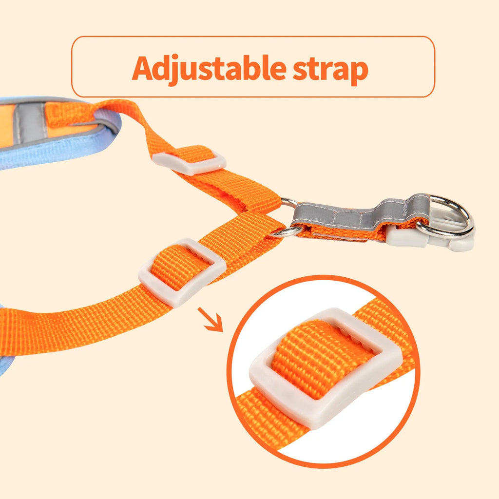 Adjustable vest-style dog harness with haulage rope in assorted colours.