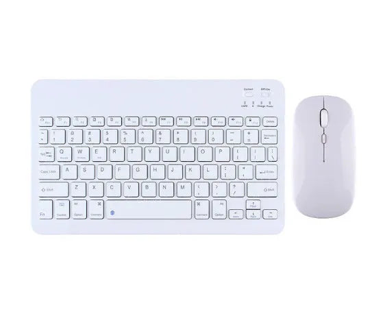 Bluetooth keyboard and matching rechargeable mouse set in elegant pink colour on a desk next to a tablet.