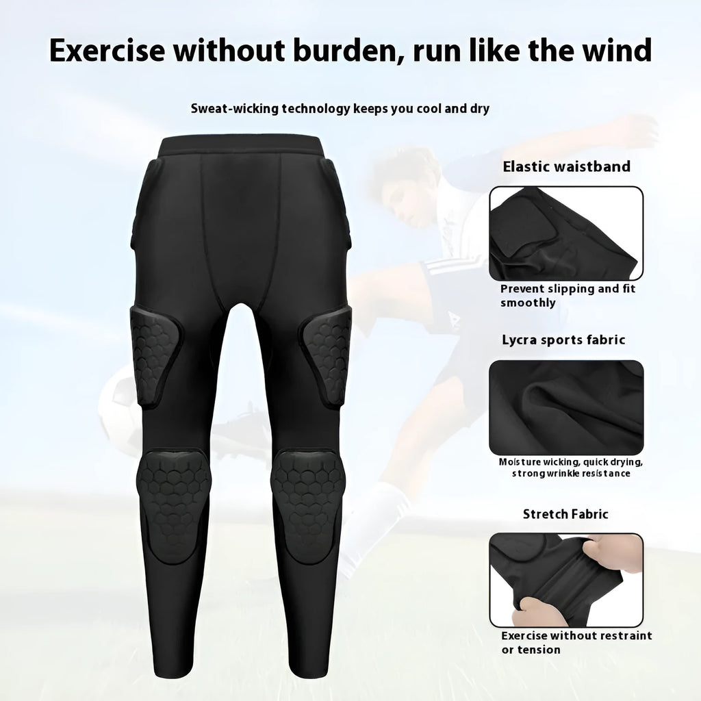 Adult knee anti-collision compression pants in black with black line, cropped leg, sports protective gear