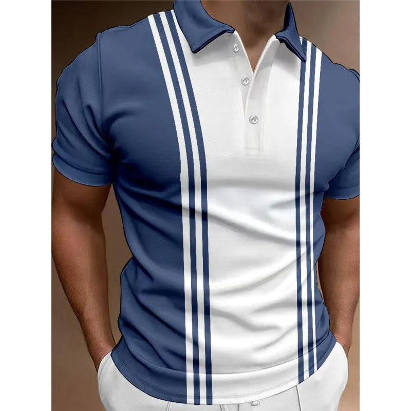 Men's casual T-shirt with 3-button lapel printing in loose pullover style and short sleeves
