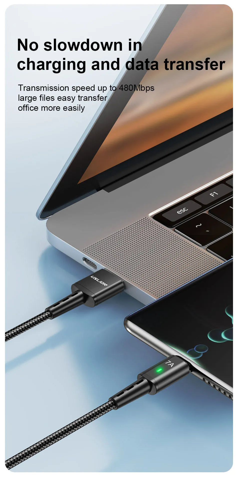 7A braided USB-C charging cable in 2 metre length with aluminium alloy connector, black colour