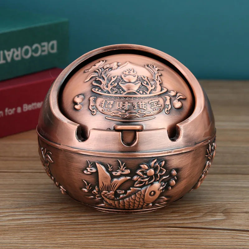 XL decorative alloy ashtray with smoke slot in bronze finish showing dragon and phoenix design