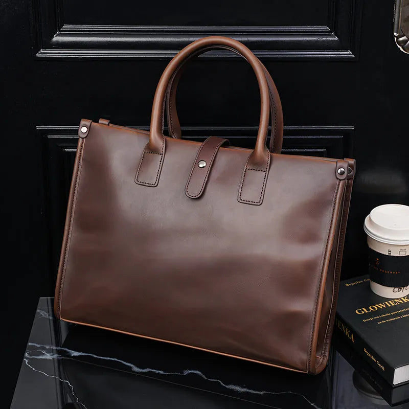 Brown PU leather men's shoulder messenger bag, medium size, with zipper closure and shoulder strap