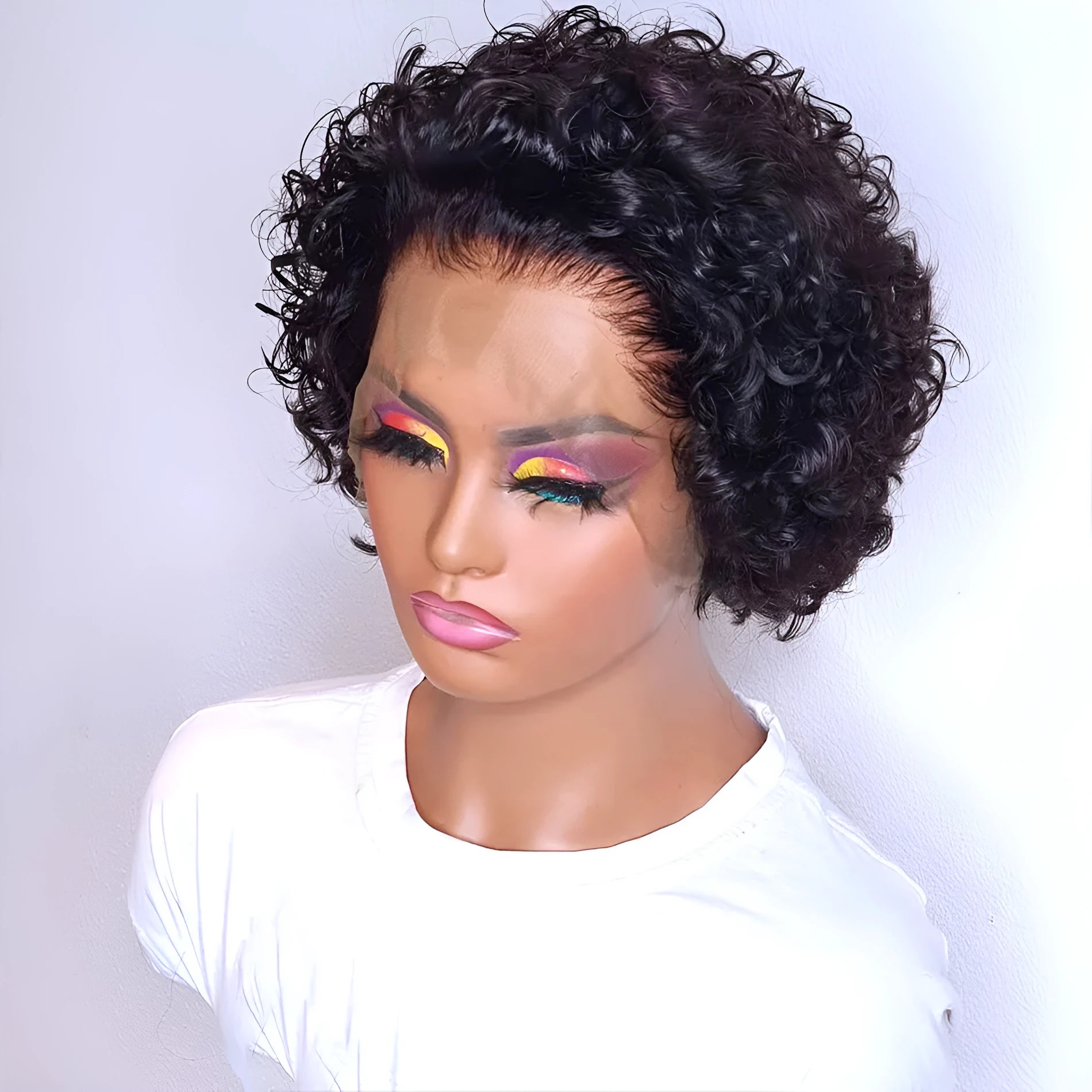 Black lace front hair cover with pre-plucked hairline and 100% human hair on a mannequin head.