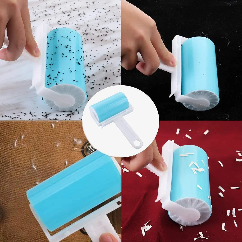 Washable reusable lint roller for pet hair removal in blue, green, pink, or yellow with cover