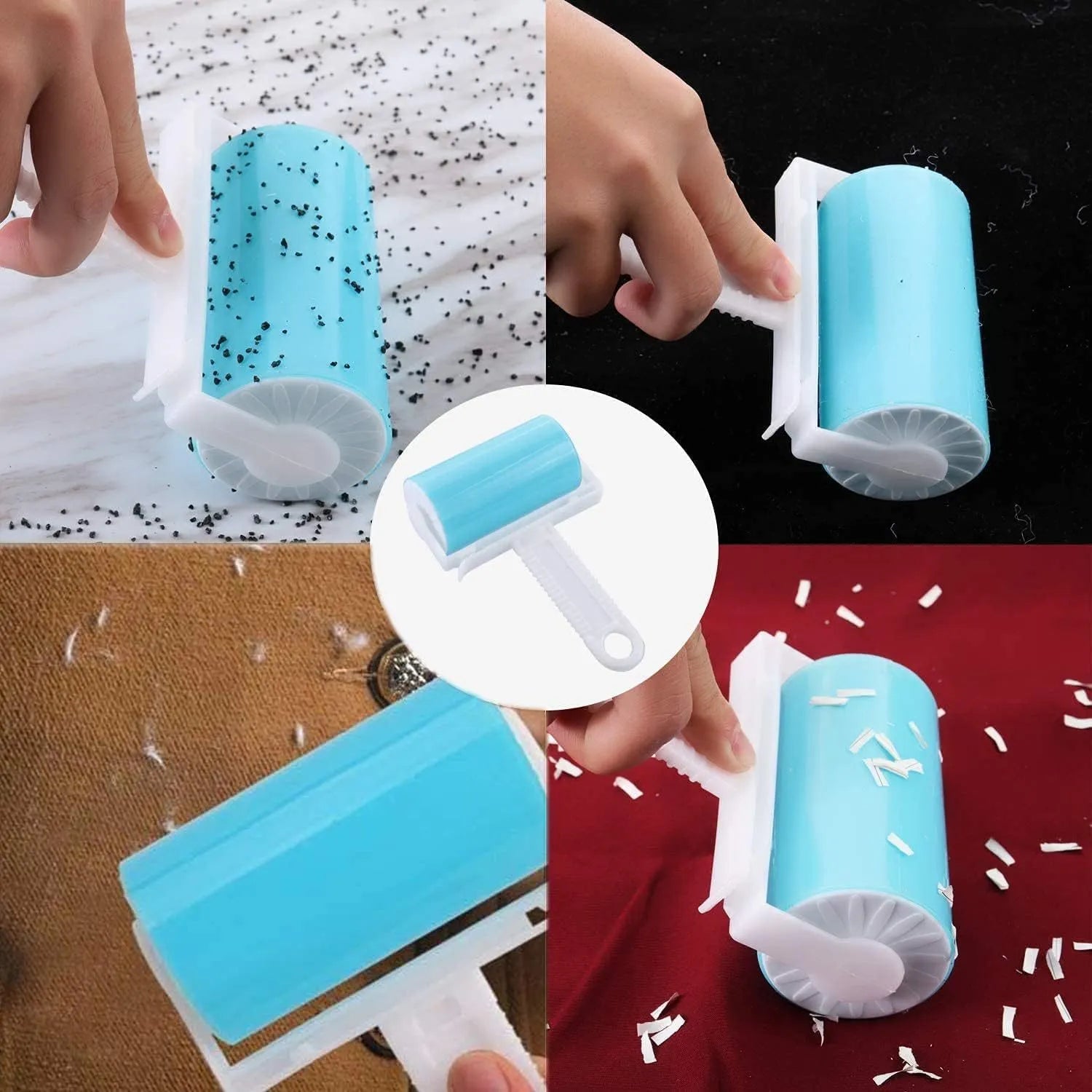 Washable reusable lint roller for pet hair removal in blue, green, pink, or yellow with cover